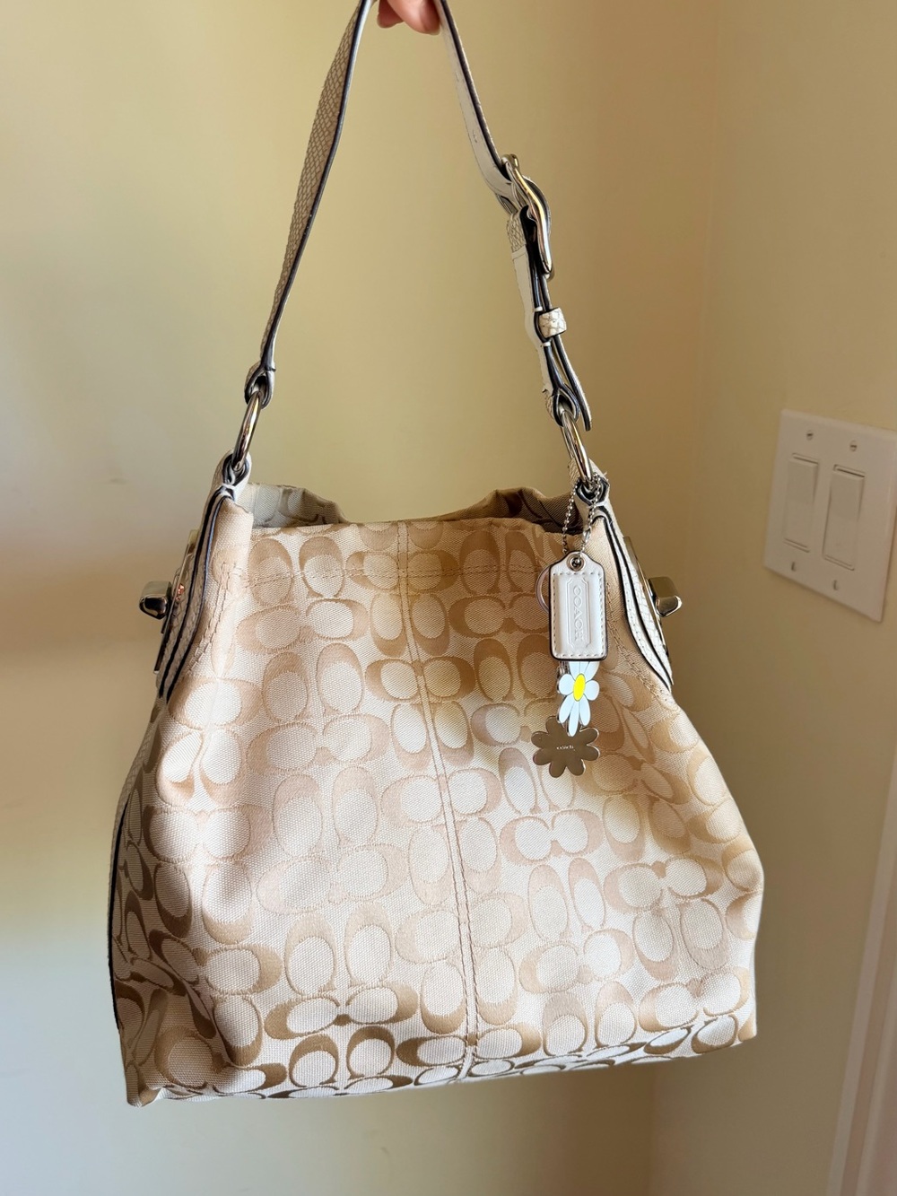 Coach Signature Jacquard Hobo Bag in Beige snakeskin trim